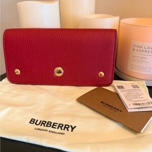 Burberry Rowe Continental Wallet In Dark Carmine NWT Pebbled Leather W Dust Bag